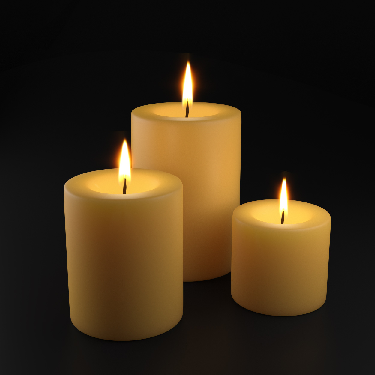 Collection of realistic pillar candle models for interior visualization, architectural rendering, holiday decorations, and product presentation.